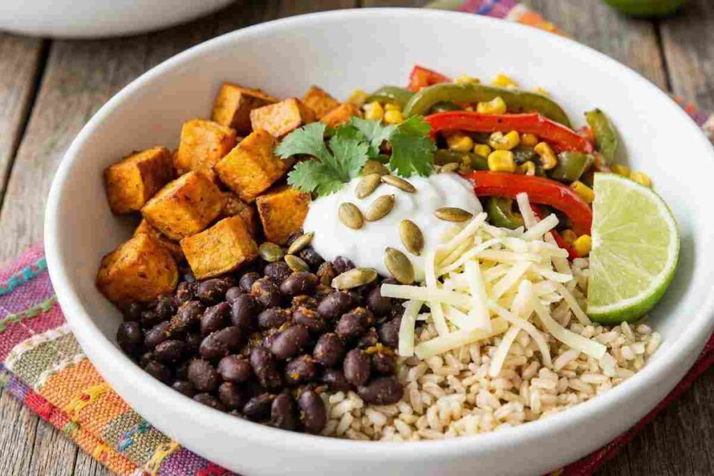 Black bean sweet potato burrito bowl Mexican vegetarian high protein meal 35g protein brown rice beans