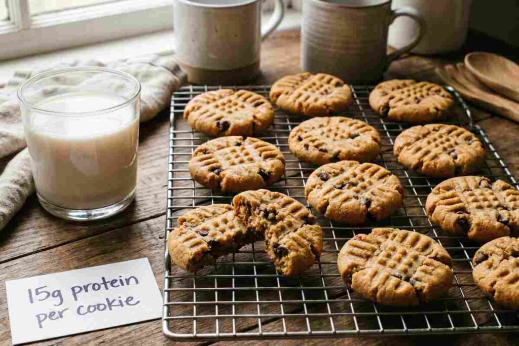 Peanut butter protein cookies high protein dessert chocolate chips classic crisscross pattern 15g protein healthy cookies
