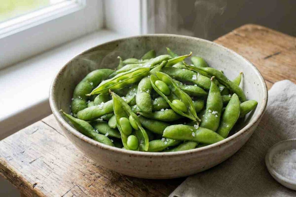 Bowl of steamed edamame sprinkled with sea salt - plant-based high protein snack with 17g protein