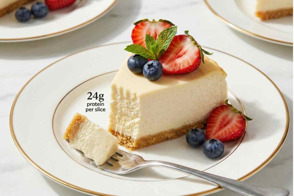 Vanilla protein cheesecake slice high protein dessert creamy smooth almond crust berries 24g protein healthy cheesecake