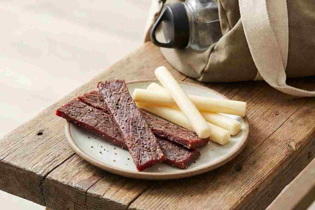 Beef jerky strips paired with string cheese on plate - portable high protein snack combination with 28g protein