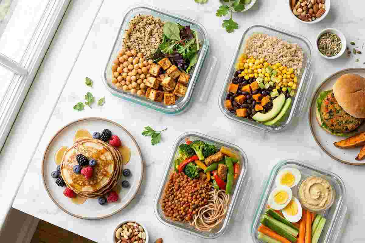 High protein vegetarian meals meal prep display with tofu beans lentils quinoa Greek yogurt on marble counter