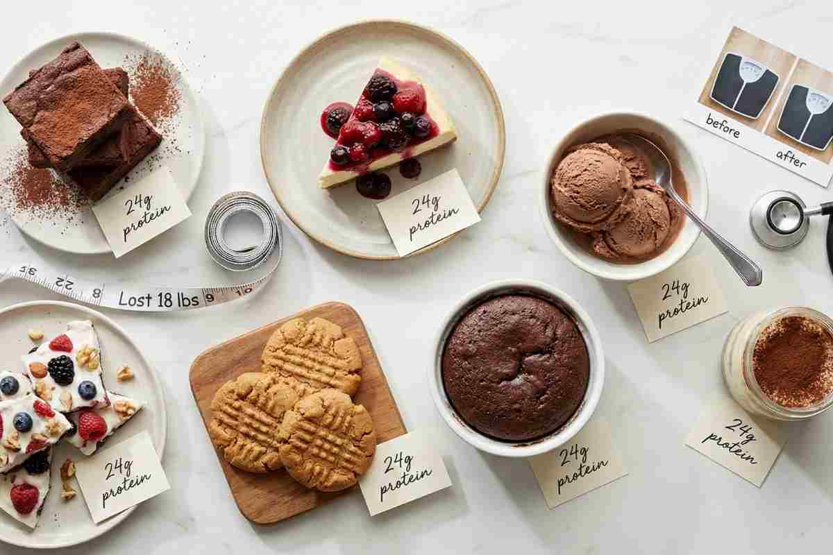 High protein dessert recipes chocolate brownies cheesecake cookies ice cream 24g protein weight loss sweet tooth fitness healthy