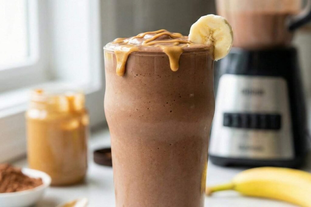 Chocolate peanut butter protein smoothie in tall glass with banana and almond milk - 32g protein drink for post-workout snack