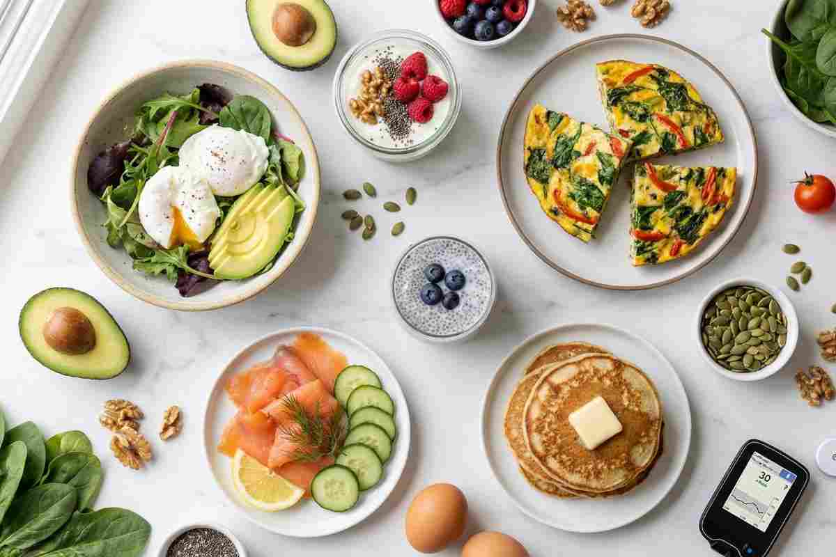 Blood sugar balancing breakfast recipes display with eggs avocado Greek yogurt berries low glycemic foods marble counter