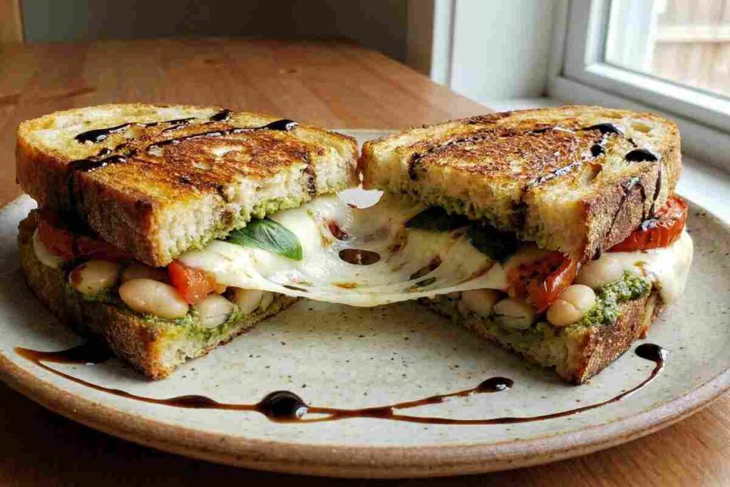 Caprese grilled cheese white beans vegetarian high protein comfort food 30g protein Italian sandwich