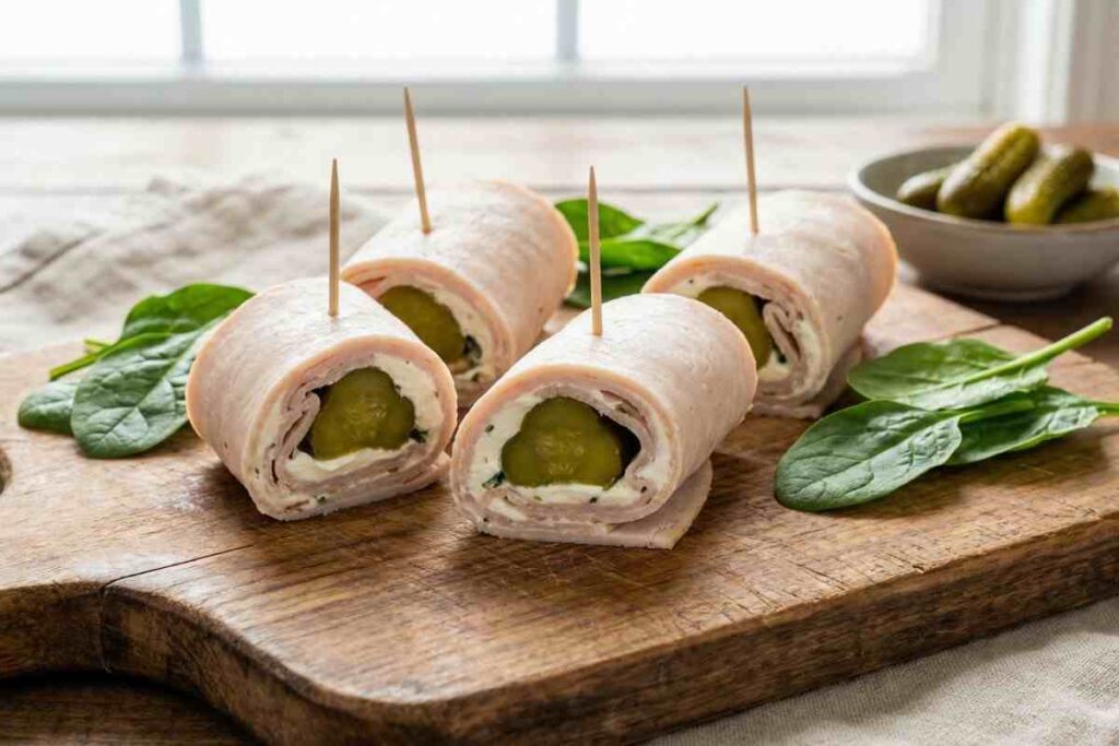 Turkey roll-ups filled with cream cheese and pickle spears on wooden board - low carb high protein snack with 24g protein