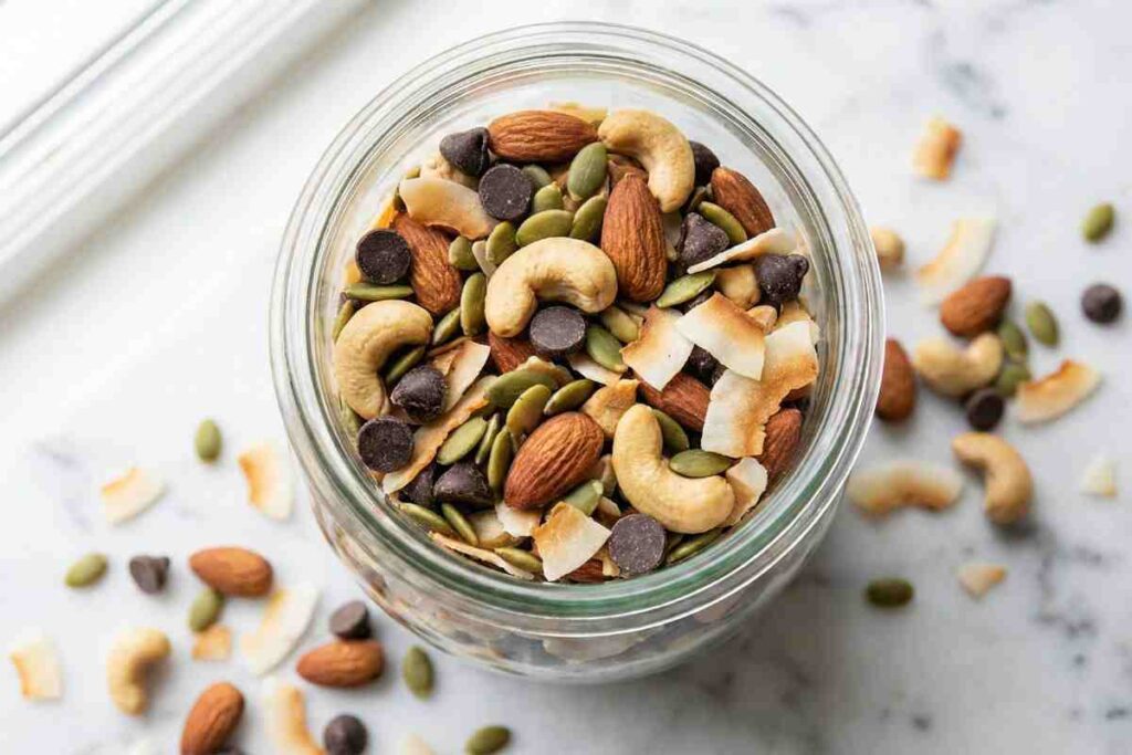 Homemade high protein trail mix with almonds, cashews, pumpkin seeds, and dark chocolate chips in glass jar - 15g protein per serving