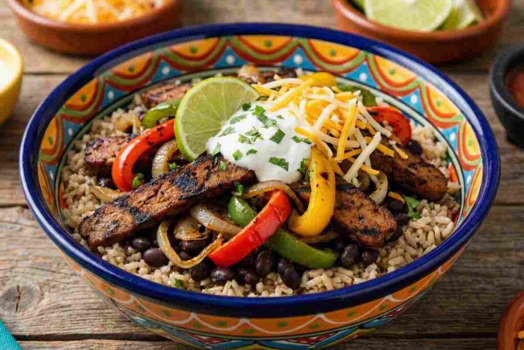 Seitan fajita bowl Mexican vegetarian high protein meal 45g protein plant based meat alternative