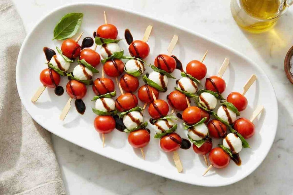 Caprese skewers with fresh mozzarella, cherry tomatoes, and basil drizzled with balsamic - Italian-style high protein snack with 16g protein