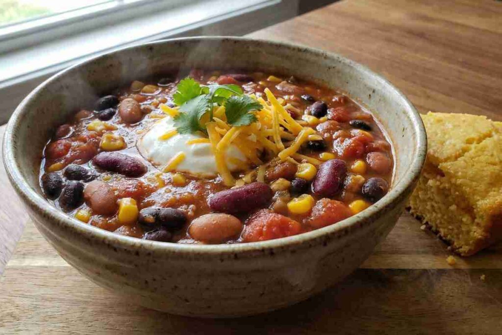 Three bean vegetarian chili high protein comfort food 18g protein beans tomato hearty warming
