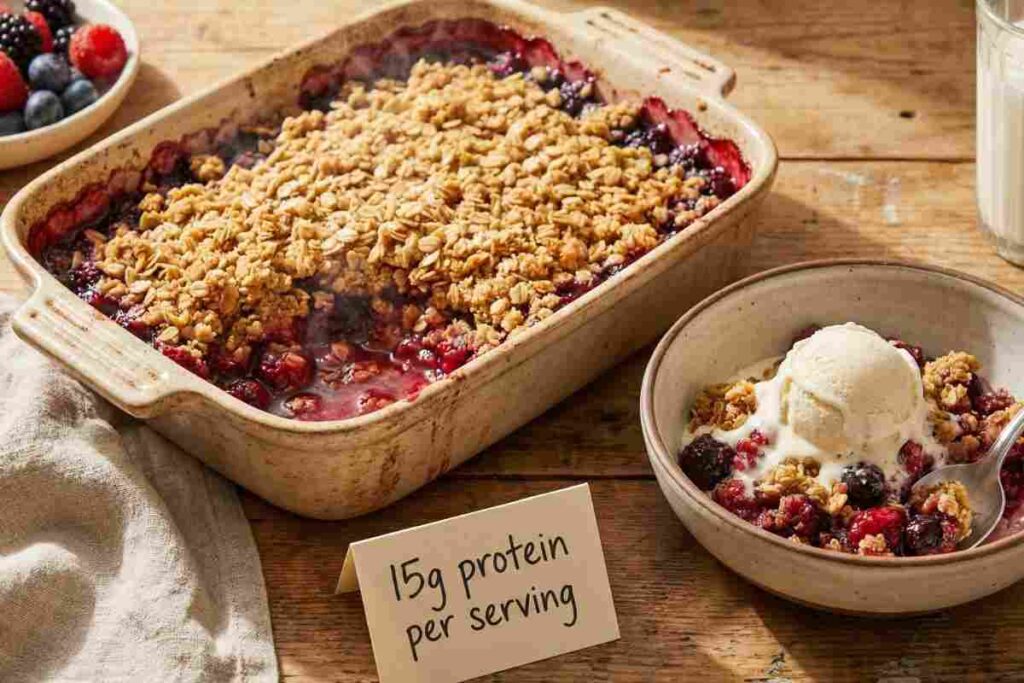 Berry protein crumble high protein dessert mixed berries oat crumble vanilla ice cream 15g protein healthy fruit dessert