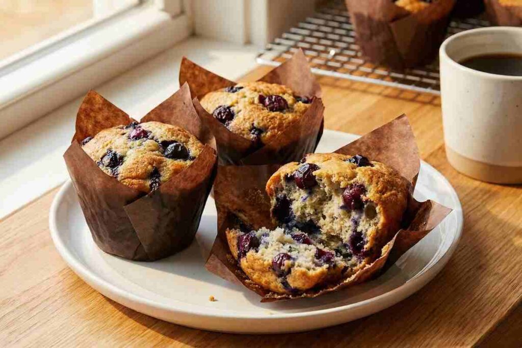 Blueberry protein muffins made with Greek yogurt and oat flour on cooling rack - healthy high protein snack with 10g protein each