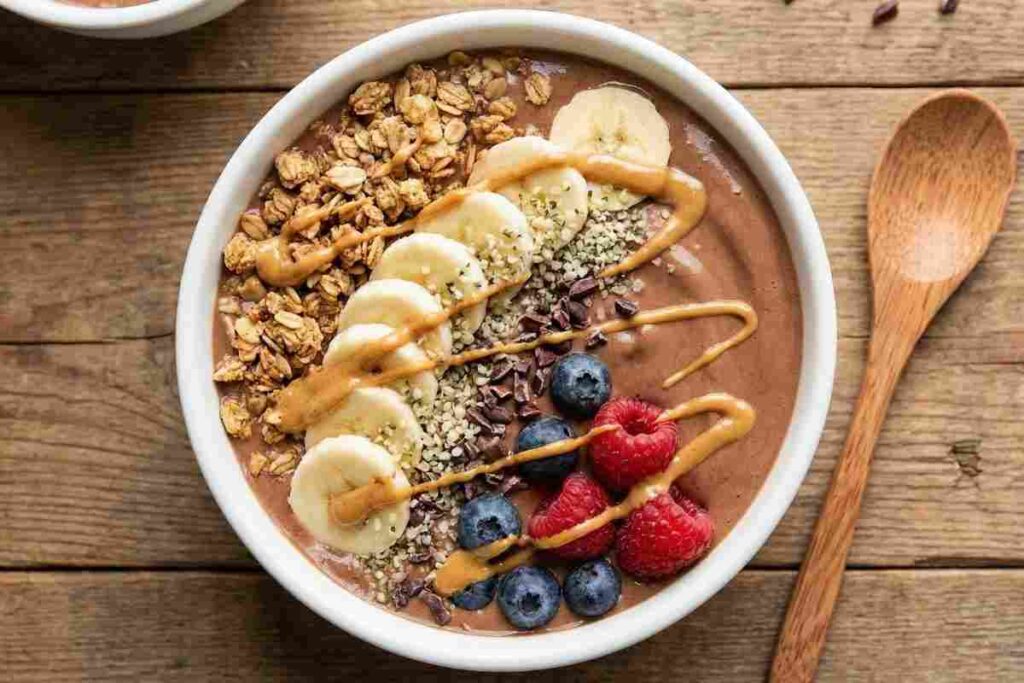 Peanut butter protein smoothie bowl Greek yogurt high protein vegetarian breakfast 40g post workout