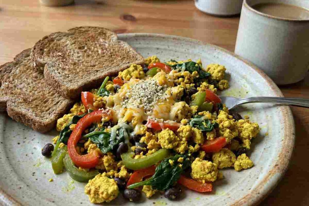 Tofu scramble power breakfast vegetarian high protein vegan option 35g protein turmeric eggs