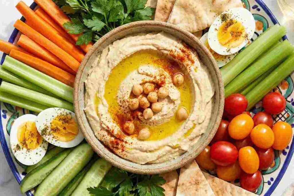 Mediterranean protein plate with hummus, vegetable sticks, hard-boiled eggs, and cherry tomatoes - colorful high protein snack with 18g protein