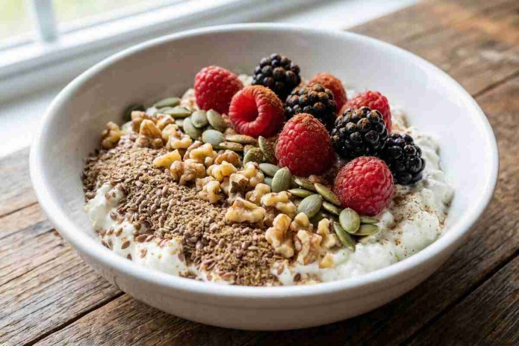 Cottage cheese berry bowl blood sugar balancing breakfast high protein low sugar berries nuts seeds