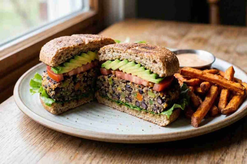 Protein packed veggie burger black beans quinoa vegetarian high protein meal 32g avocado healthy