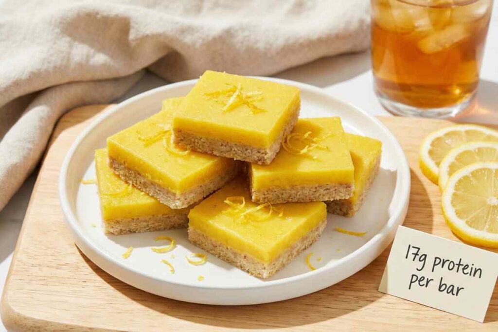 Lemon protein bars high protein dessert bright yellow citrus fresh almond flour 17g protein healthy lemon bars