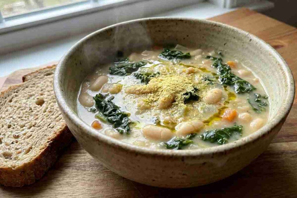 White bean kale soup vegetarian high protein comfort food 18g protein Italian healthy warming