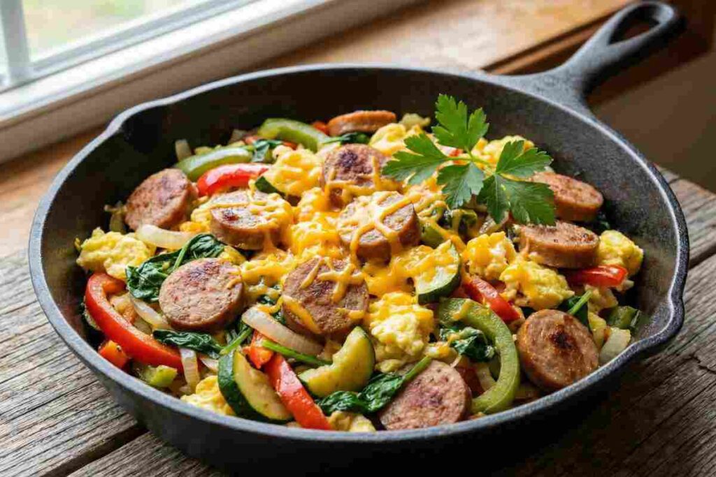 Turkey sausage vegetable scramble blood sugar balancing breakfast high protein low carb eggs vegetables