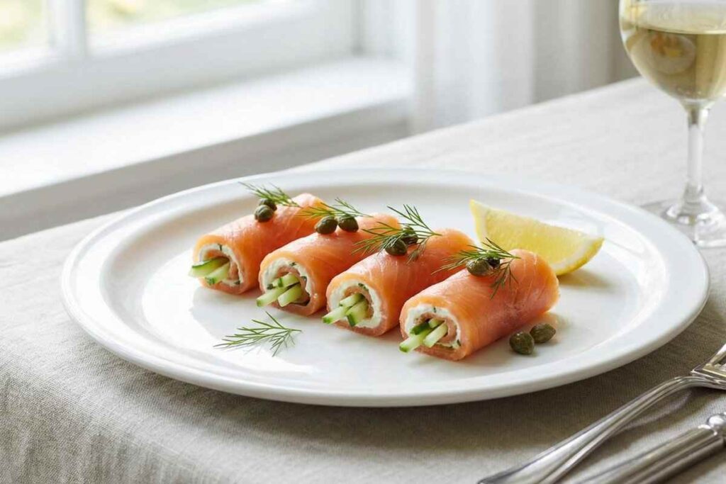 Smoked salmon roll-ups filled with cream cheese, cucumber, and capers on white plate - elegant high protein snack with 20g protein