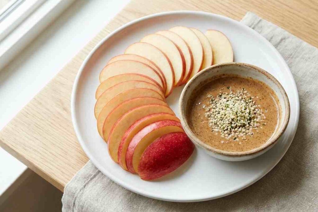 Fresh apple slices arranged on plate with almond butter dip and hemp seeds - healthy high protein snack idea with 8g protein