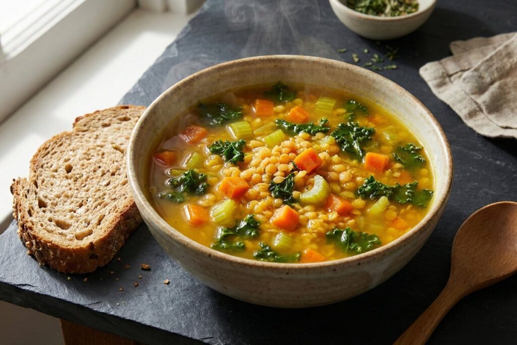 Lentil vegetable soup with turmeric and kale, anti-inflammatory recipe