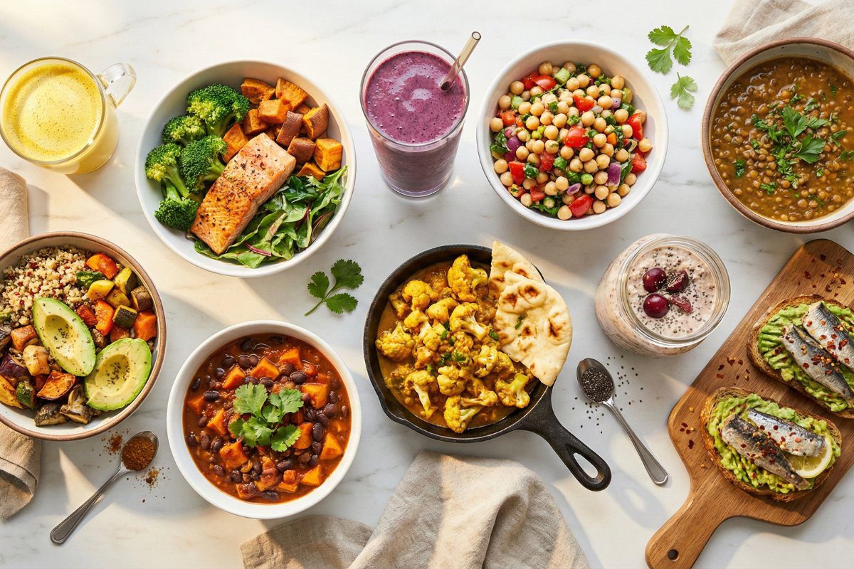 10 anti-inflammatory recipes including salmon bowl, turmeric golden milk, and overnight oats displayed on kitchen counter