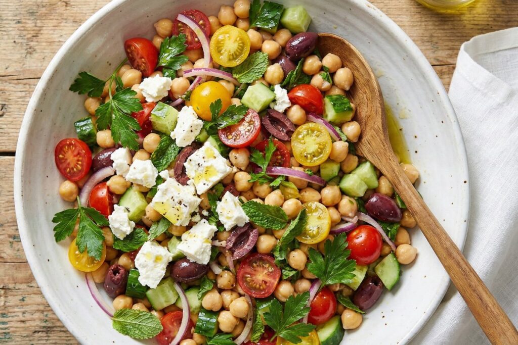 Mediterranean chickpea salad with feta cheese and olives, anti-inflammatory recipe