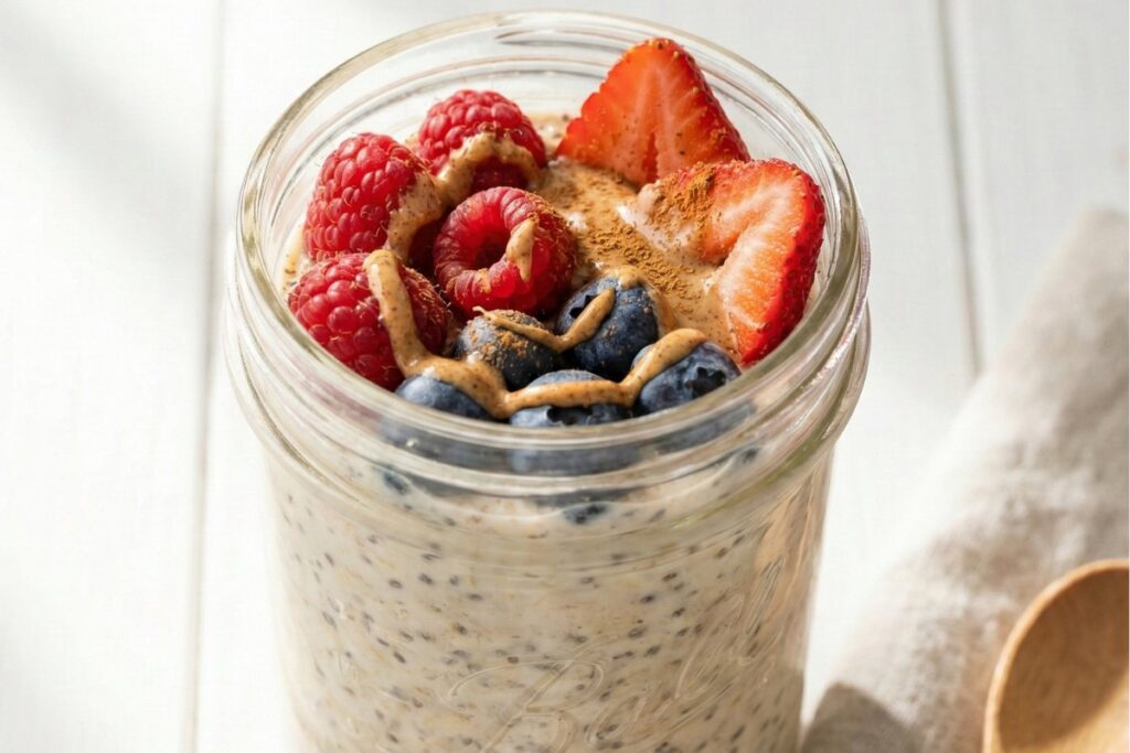 Overnight oats with chia seeds and mixed berries in mason jar, high fiber breakfast recipe with 14g fiber
