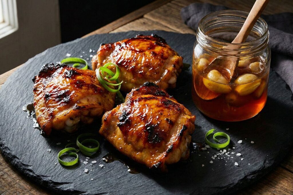 Fermented honey garlic chicken with probiotic-rich honey garlic glaze