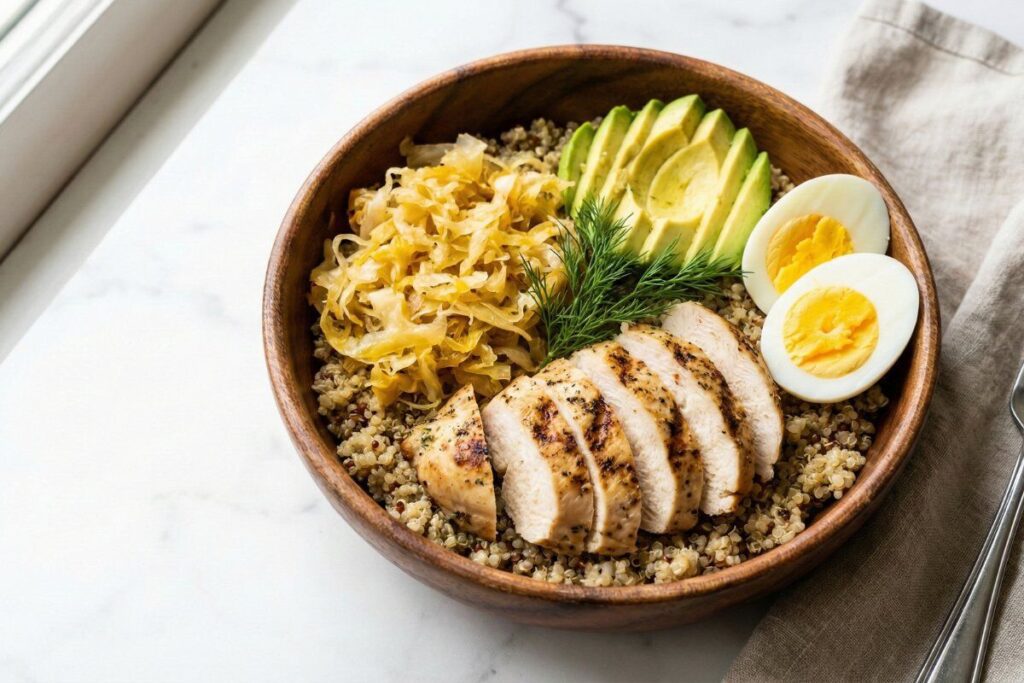 Probiotic sauerkraut bowl with quinoa, chicken and fermented cabbage for gut health