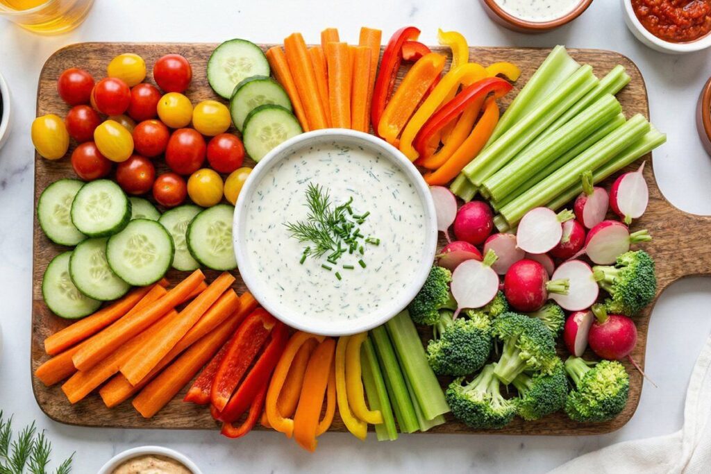 Fresh vegetable platter with probiotic ranch dressing made from kefir and yogurt