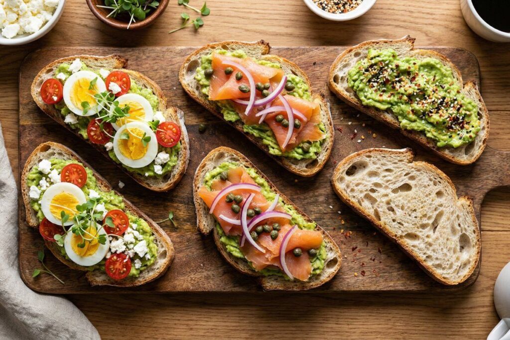 Sourdough avocado toast bar with fermented bread and various toppings