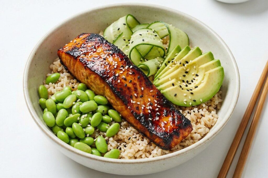 Miso glazed salmon bowl with fermented miso paste and vegetables for gut health