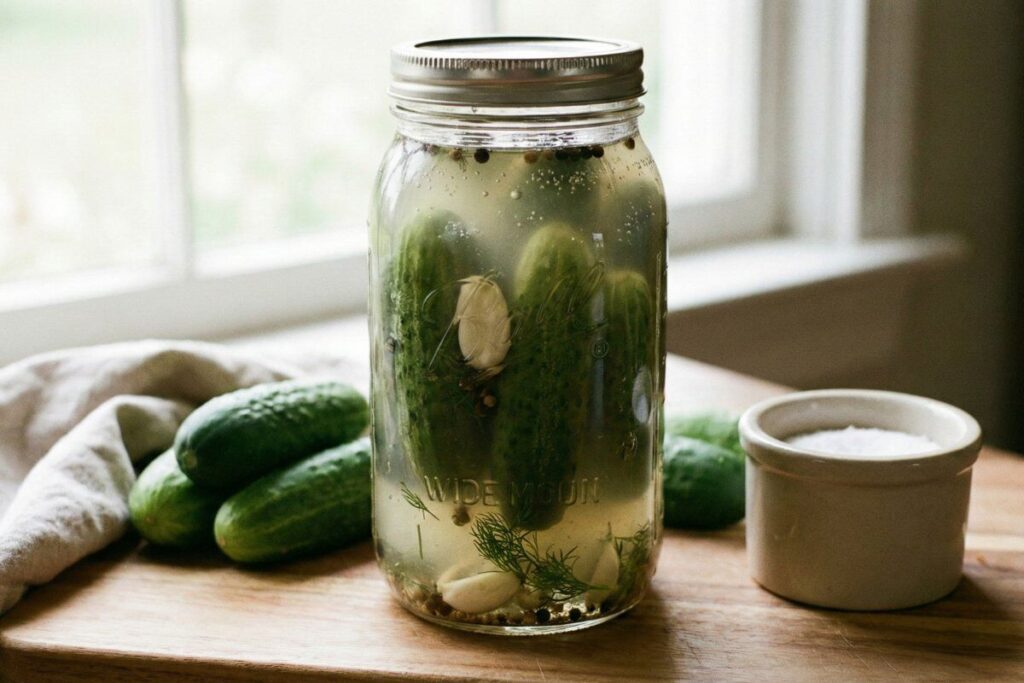 Homemade fermented pickles in mason jar with garlic and dill for probiotics