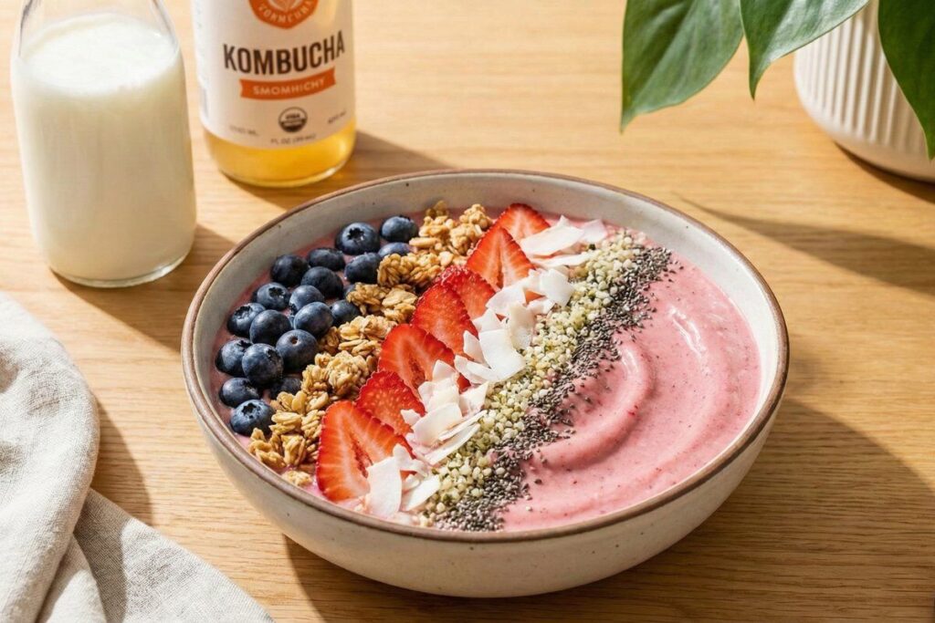 Probiotic smoothie bowl with kefir and kombucha for digestive health