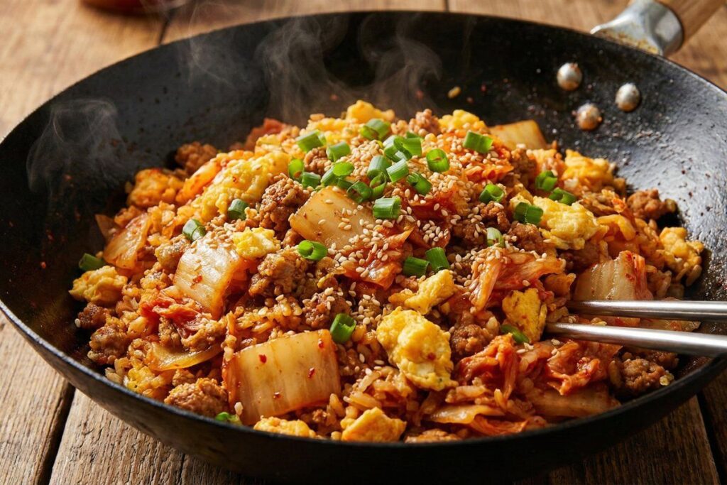 Spicy kimchi fried rice with fermented vegetables and protein for gut health