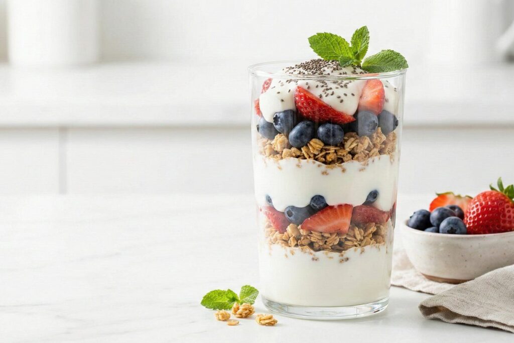 Kefir berry breakfast parfait with probiotic-rich cultured milk and fresh berries