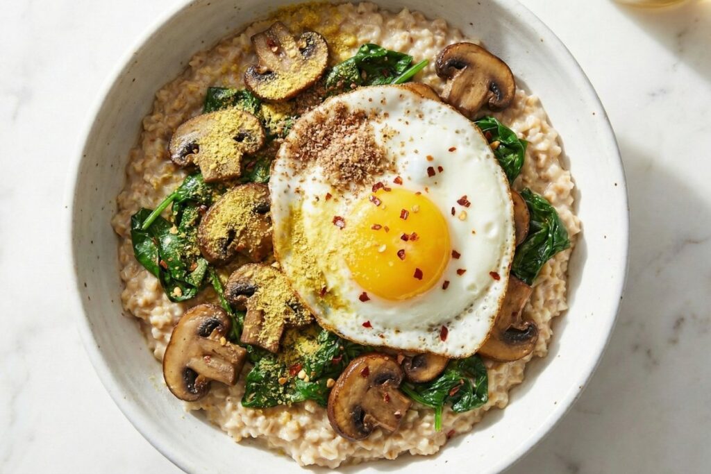 Savory oatmeal with mushrooms, spinach and fried egg, unique high fiber breakfast recipe