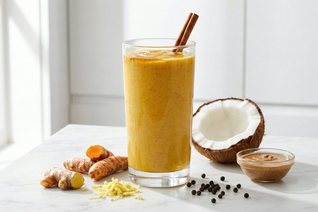 Golden turmeric anti-inflammatory smoothie with fresh ginger and black pepper for gut healing