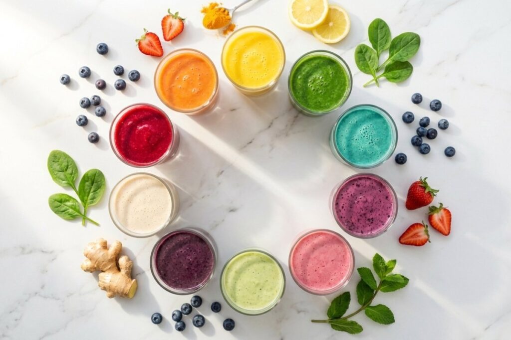 Gut healing smoothie recipes - 10 colorful probiotic smoothies arranged on white marble with fresh ingredients