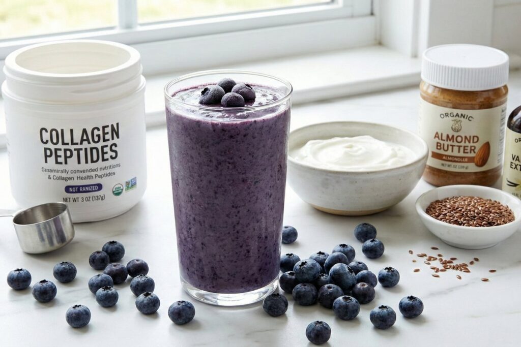 Blueberry collagen smoothie for leaky gut repair with Greek yogurt and probiotics