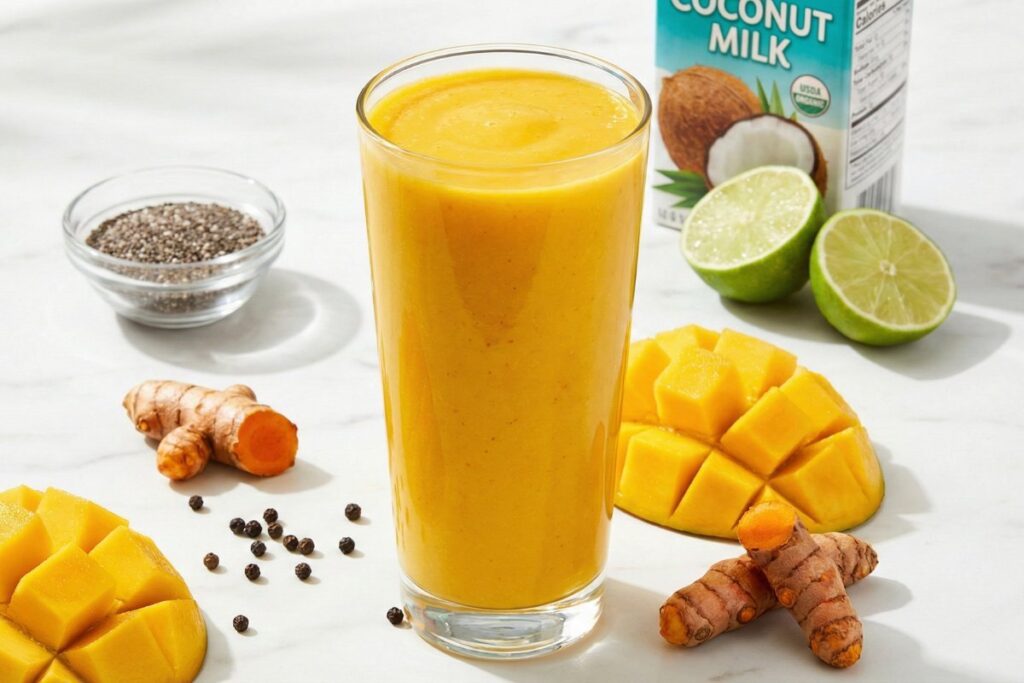 Mango turmeric inflammation-fighting smoothie with black pepper for gut health