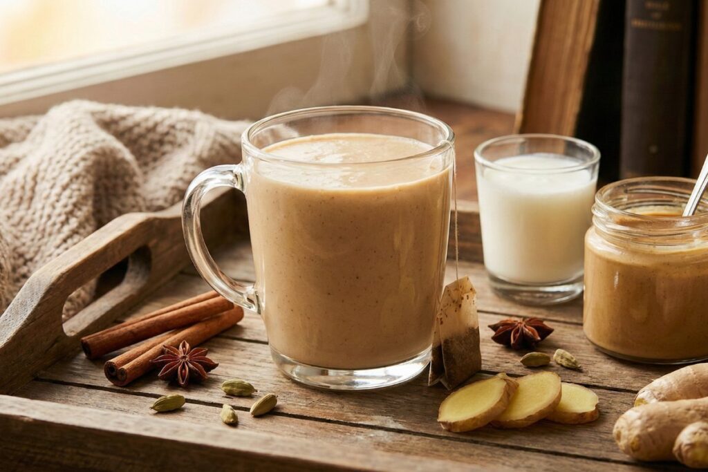 Vanilla chai gut healing smoothie with adaptogenic spices and probiotics for stress relief