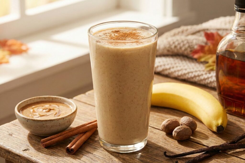 Cinnamon roll gut healing smoothie with blood sugar balancing spices and protein