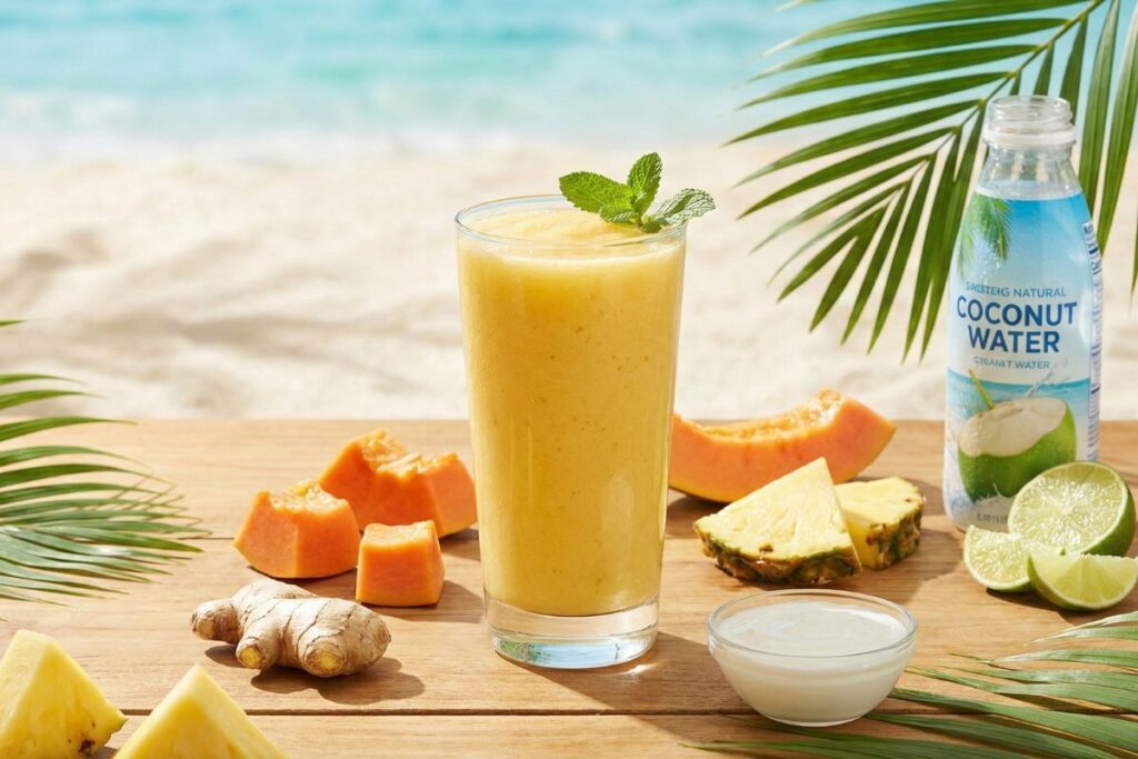 Tropical digestive enzyme smoothie with papaya and pineapple for better digestion