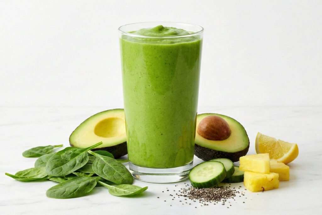 Green gut healing smoothie with spinach, avocado and collagen for leaky gut repair