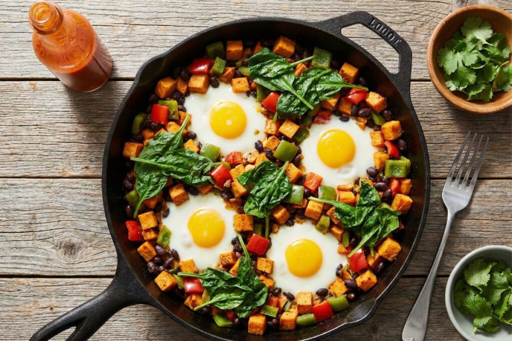 Sweet potato breakfast hash with black beans and eggs in cast iron skillet, 12g fiber savory breakfast